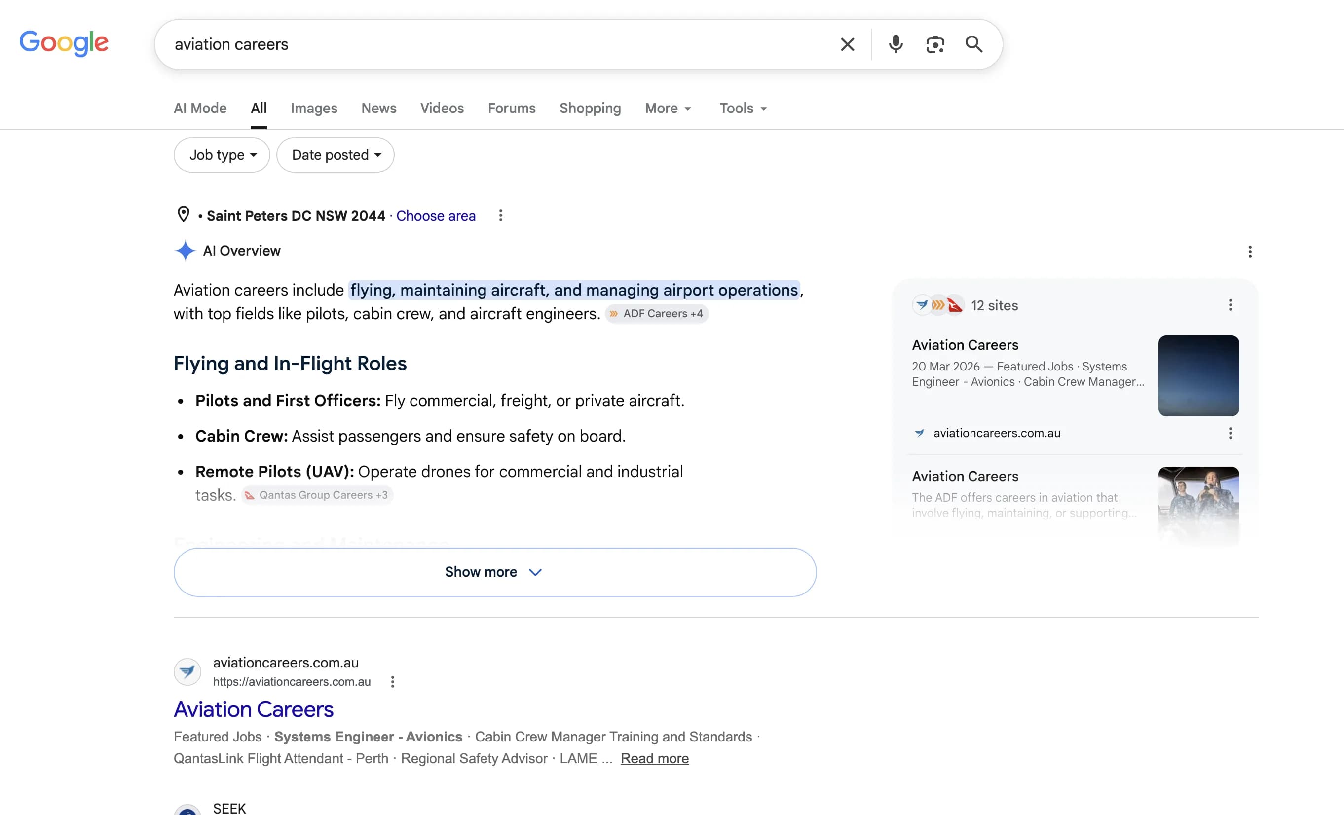 Australian Google results showing Aviation Careers as the first organic result for aviation careers