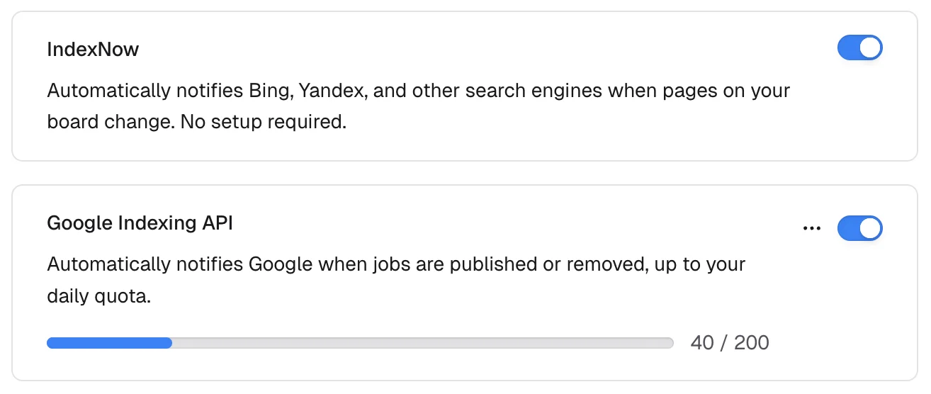 Cavuno indexing settings showing IndexNow toggle, Google Indexing API status, service account email, and daily quota meter