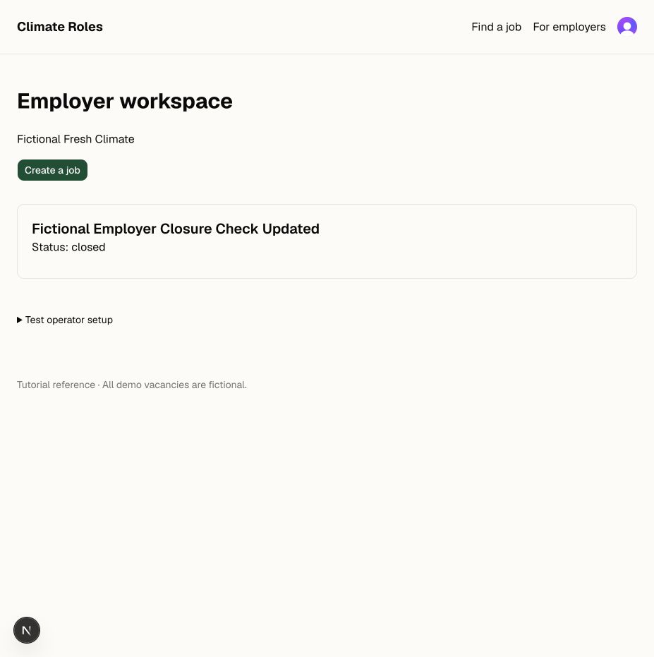 Employer workspace showing a fictional company and its closed job listing.
