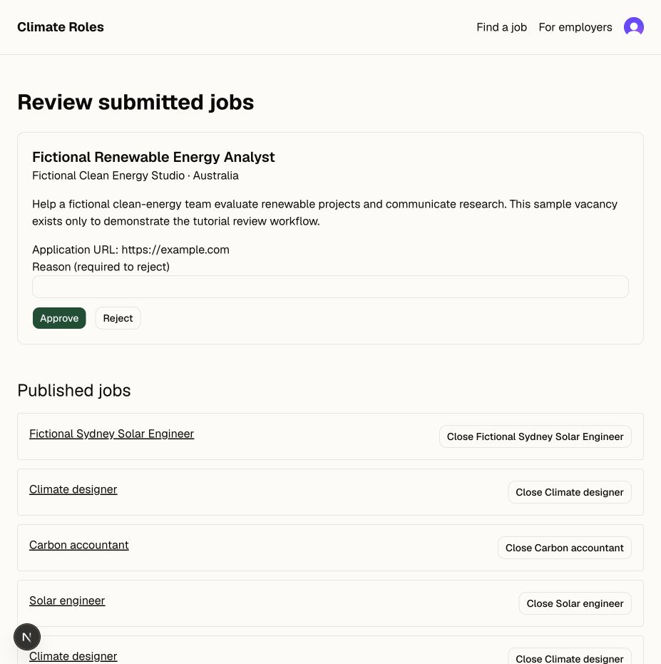 Operator moderation screen with a fictional pending job, approval and rejection controls, and published listings.