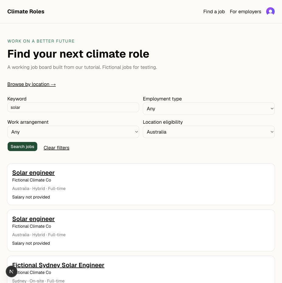 Climate Roles search results filtered to solar roles in Australia, including a fictional Sydney listing.